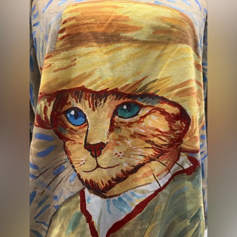 Cat Van Gogh Impressionist Long Sleeve Sweatshirt Style Shirt (Unisex)- size 2XL - Picture 5 of 6